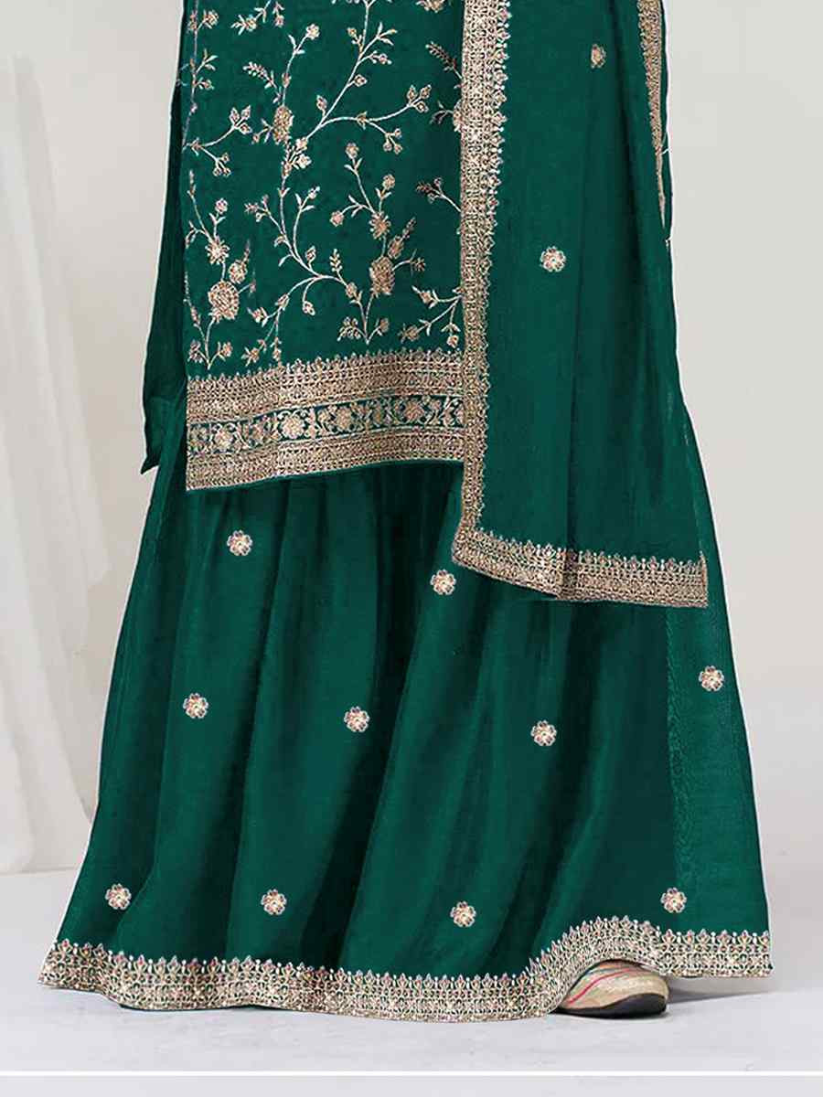 Green Fancy Blooming Vichitra Silk Embroidered Festival Wedding Palazzo Pant Salwar Kameez