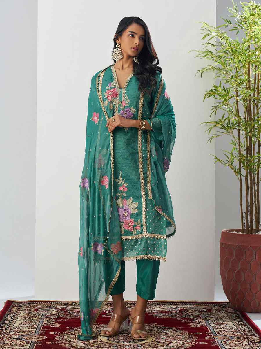 Green Fancy Crush Silk Embroidery Party Wedding Festival Casual Ready Salwar Kameez