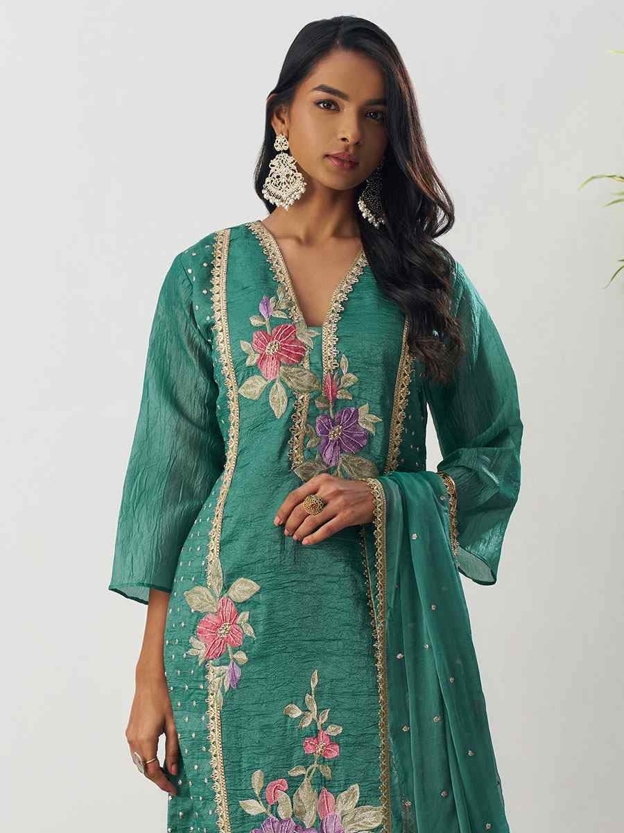 Green Fancy Crush Silk Embroidery Party Wedding Festival Casual Ready Salwar Kameez