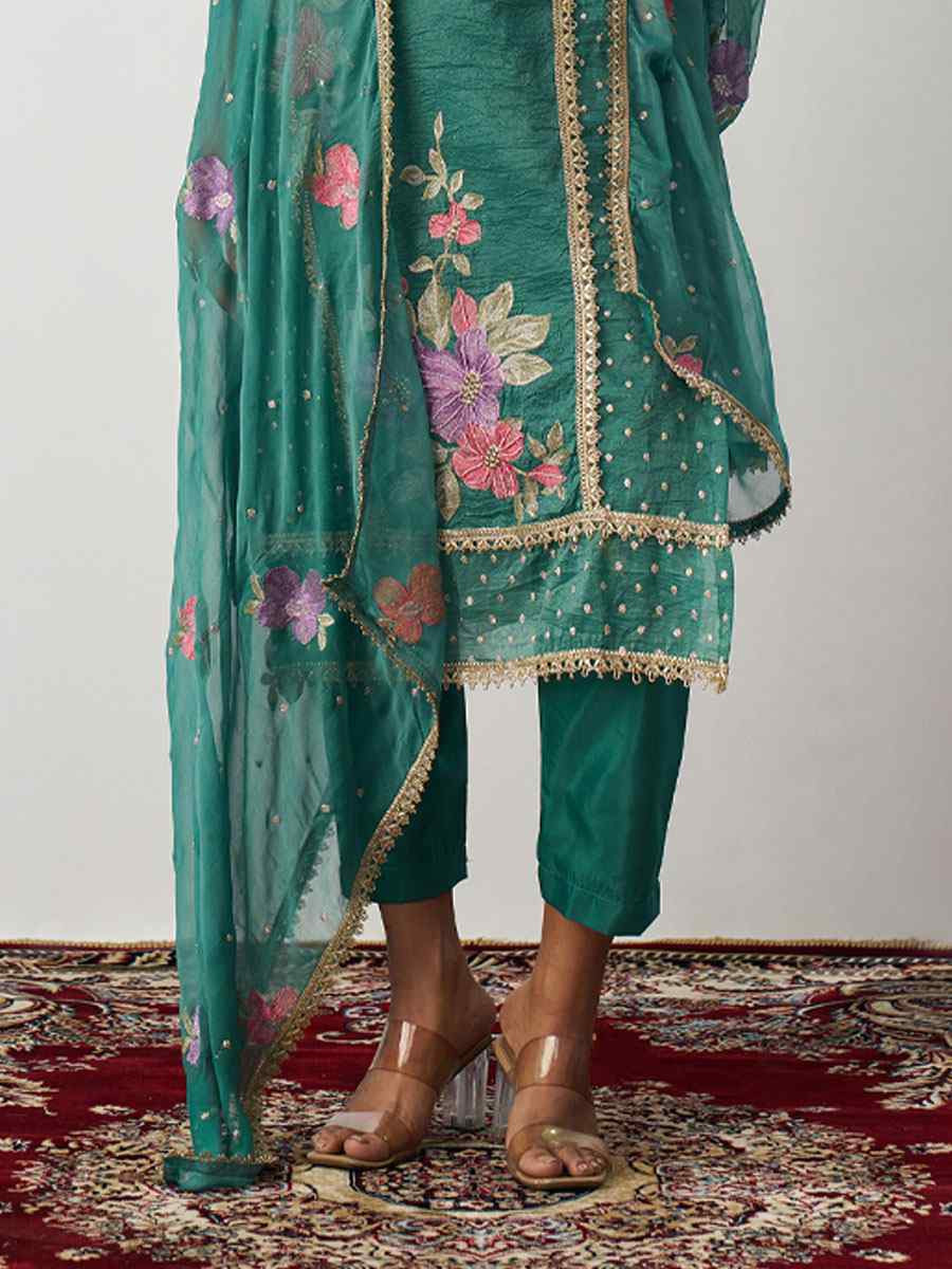 Green Fancy Crush Silk Embroidery Party Wedding Festival Casual Ready Salwar Kameez