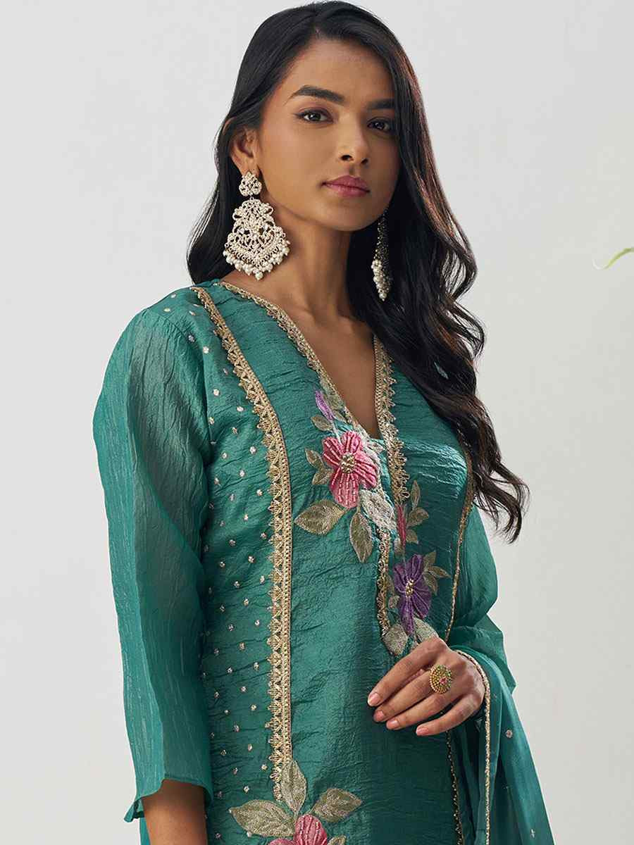 Green Fancy Crush Silk Embroidery Party Wedding Festival Casual Ready Salwar Kameez