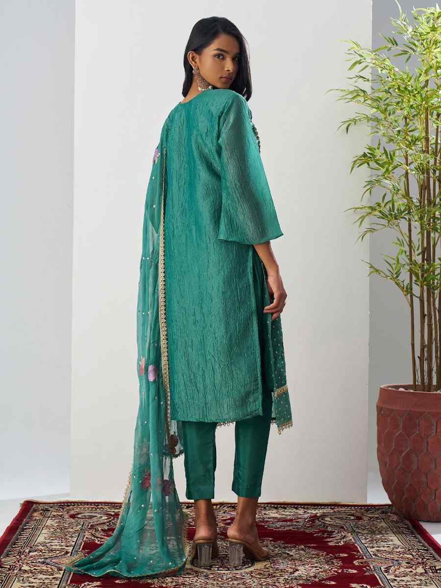 Green Fancy Crush Silk Embroidery Party Wedding Festival Casual Ready Salwar Kameez