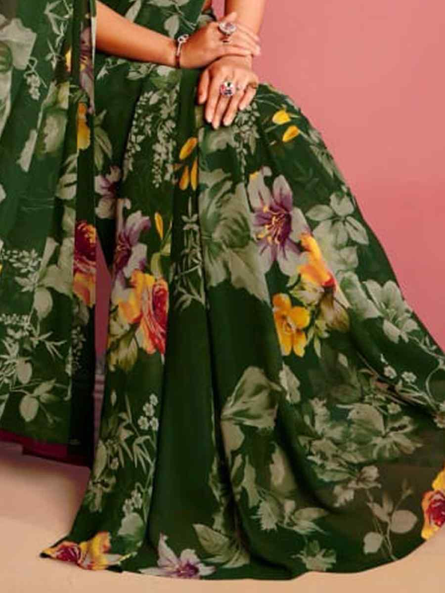 Green Fancy Georgette Printed Festival Wedding Fancy Heavy Border Saree