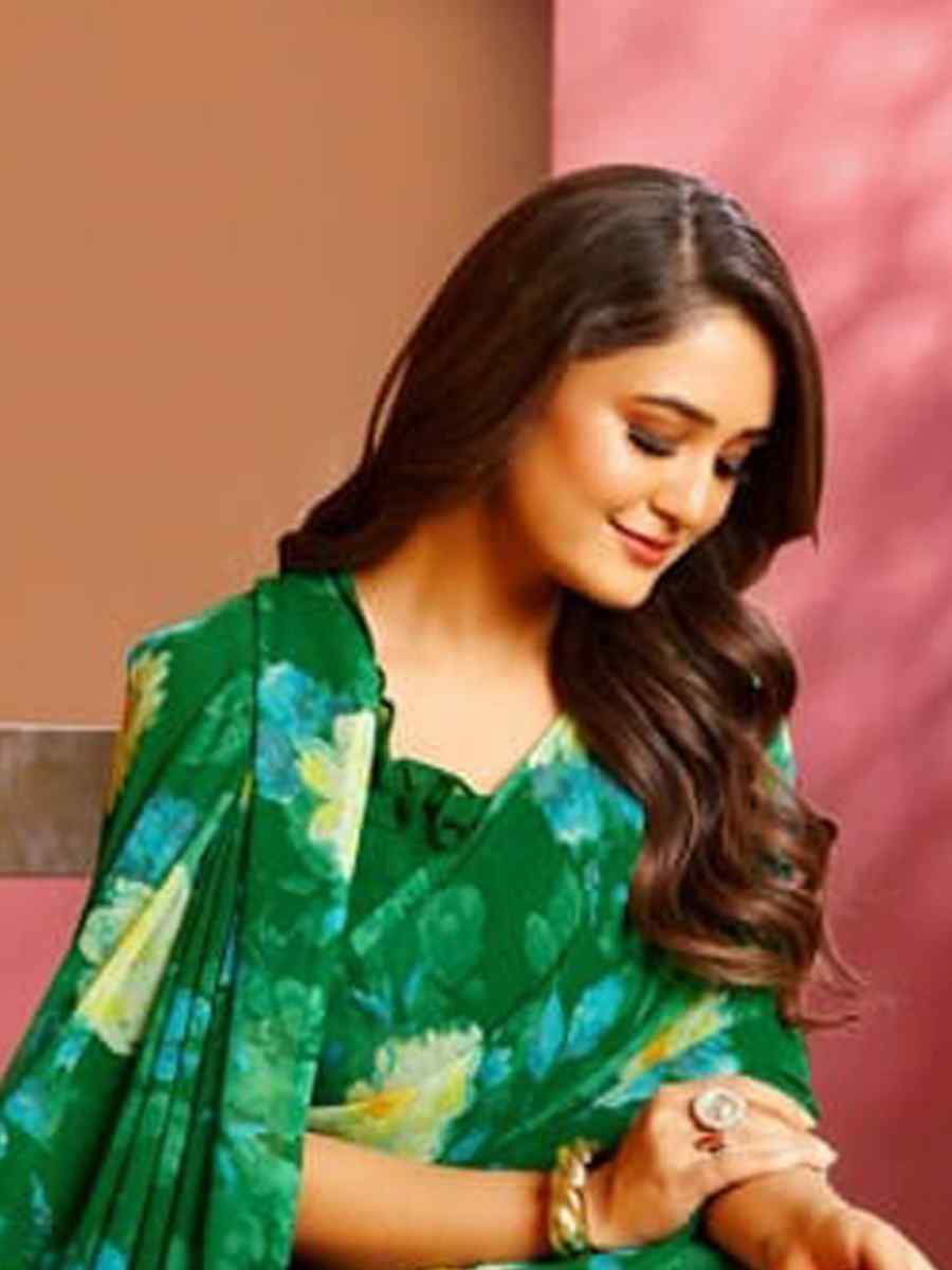 Green Fancy Georgette Printed Festival Wedding Fancy Heavy Border Saree