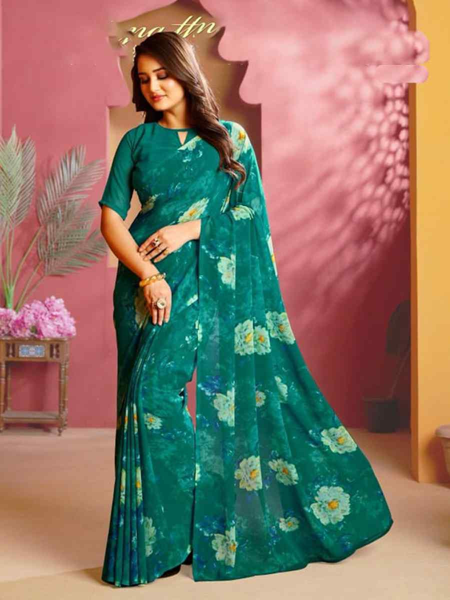 Green Fancy Georgette Printed Festival Wedding Fancy Heavy Border Saree