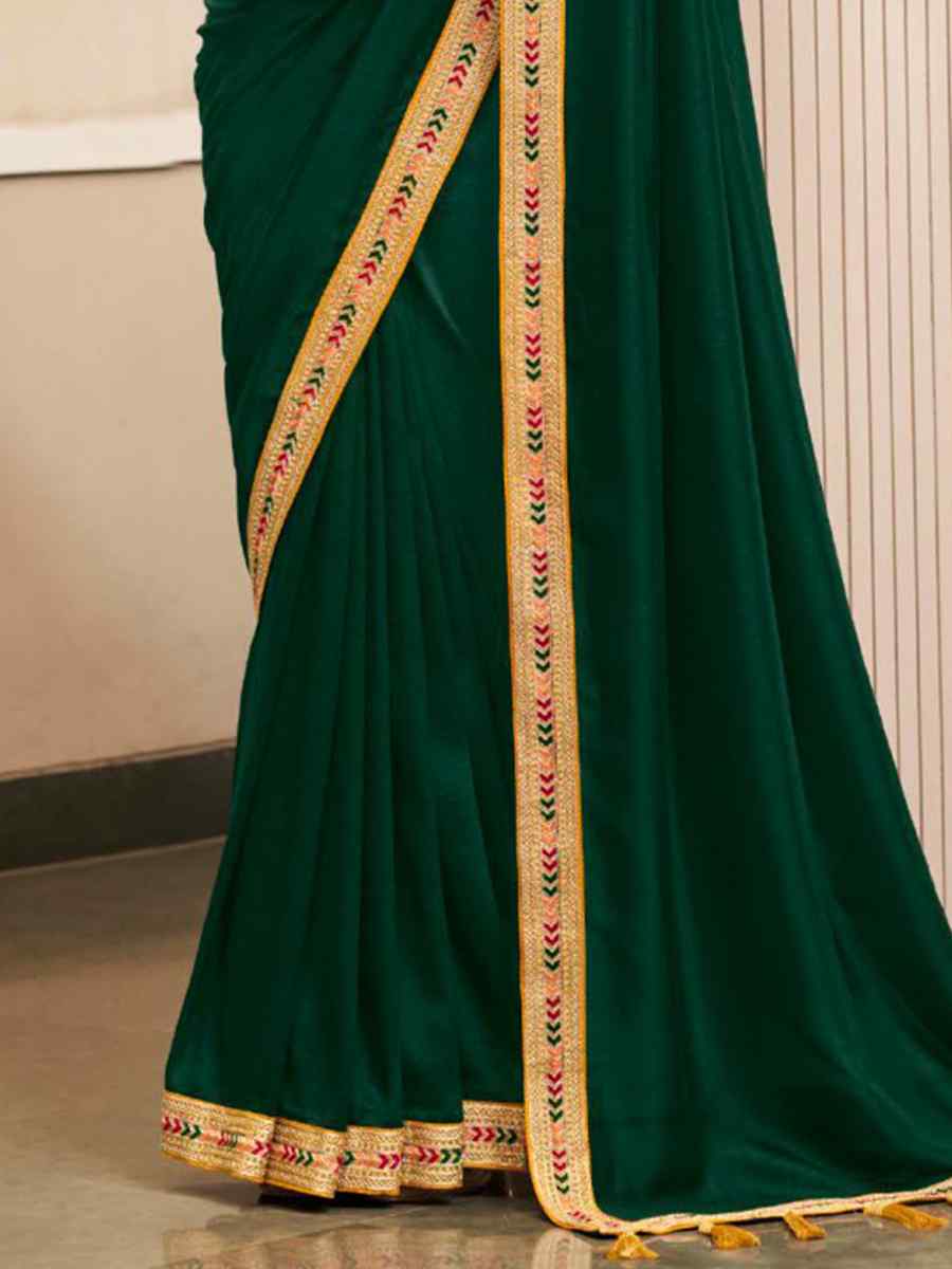 Green Fancy Vichitra Handwoven Wedding Festival Heavy Border Saree