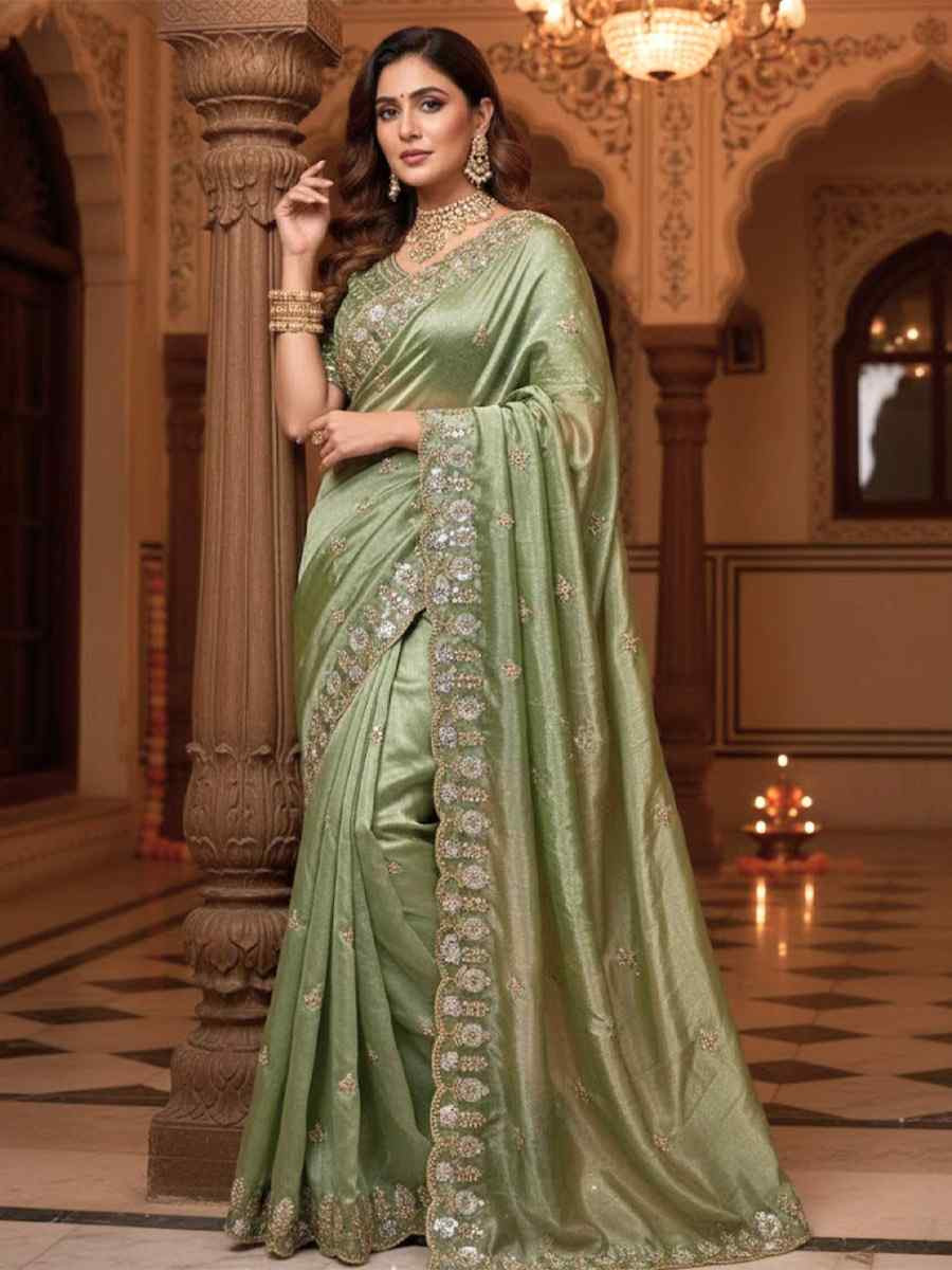 Green Fandy Satin Silk Zari Sequins Embroidery Reception Festival Wedding Party Fancy Heavy Border Sarees