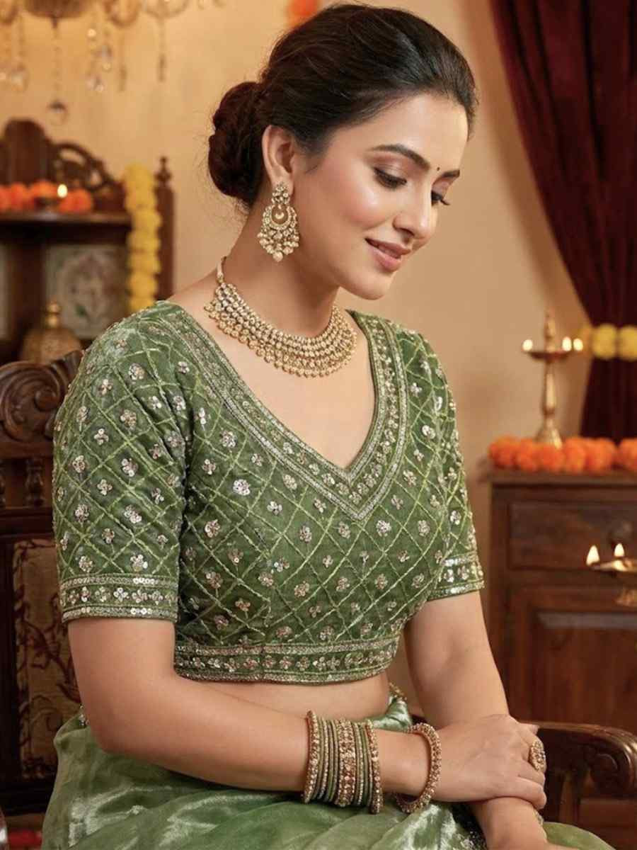 Green Fandy Satin Silk Zari Sequins Embroidery Reception Festival Wedding Party Fancy Heavy Border Sarees