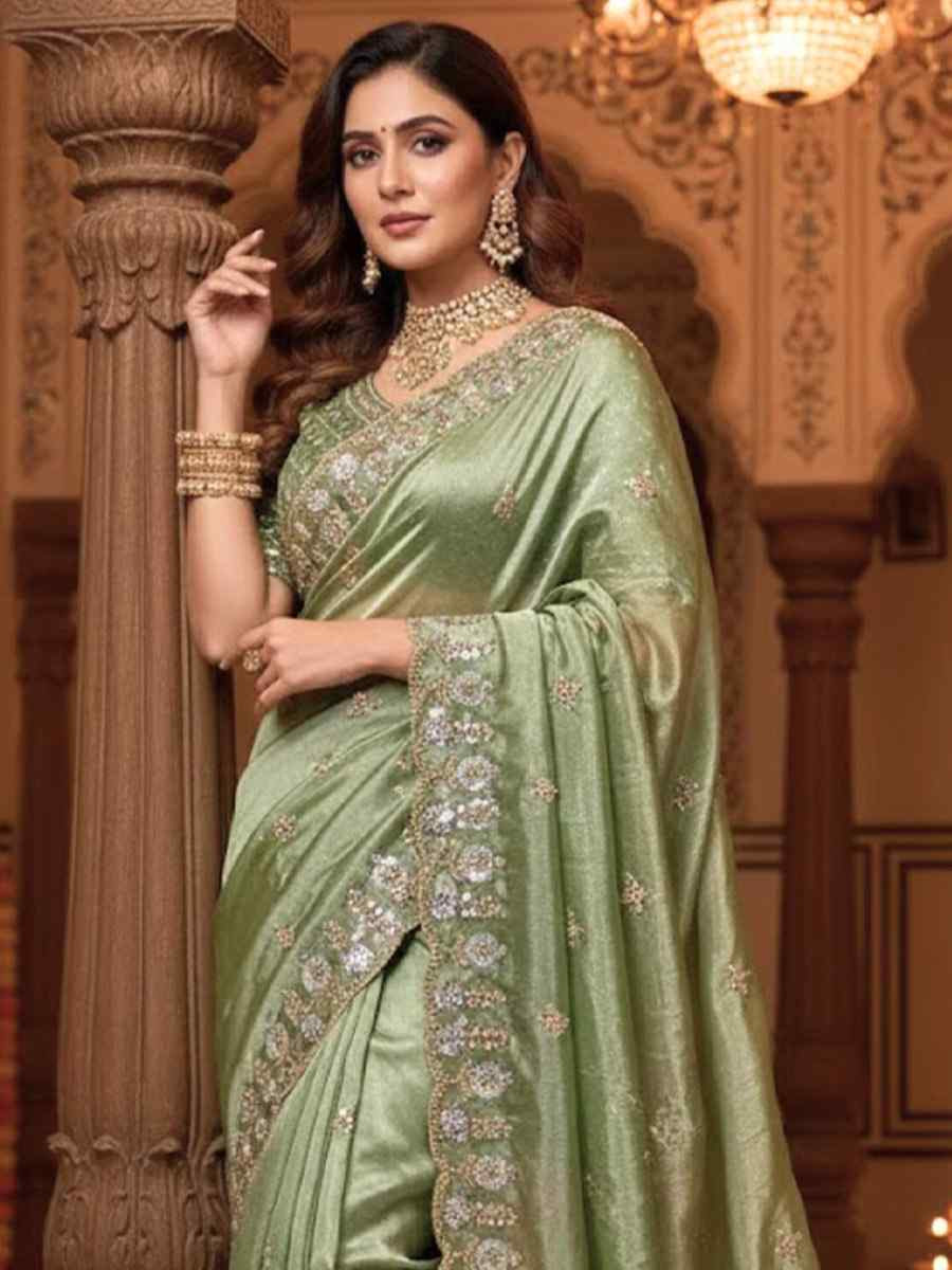 Green Fandy Satin Silk Zari Sequins Embroidery Reception Festival Wedding Party Fancy Heavy Border Sarees