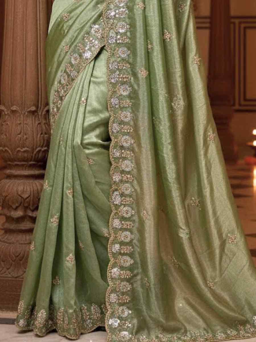 Green Fandy Satin Silk Zari Sequins Embroidery Reception Festival Wedding Party Fancy Heavy Border Sarees