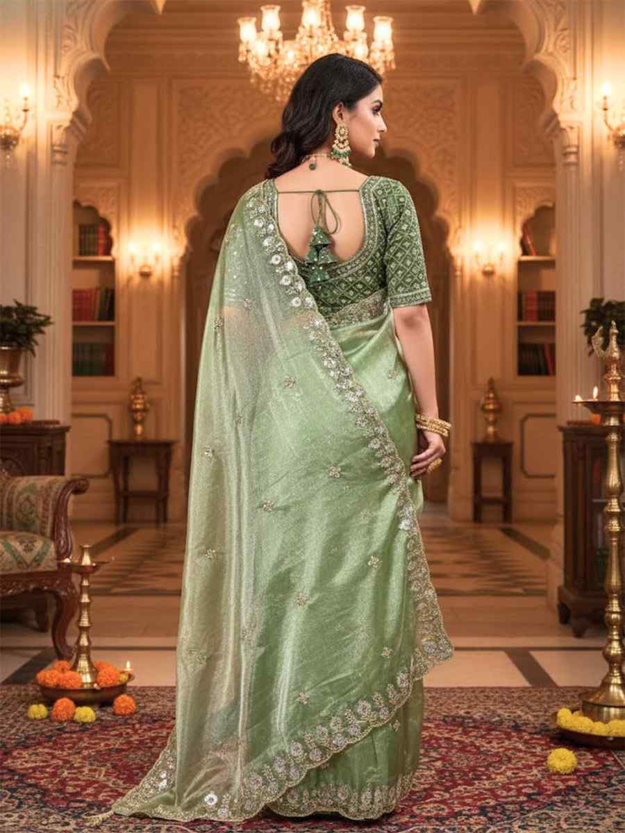 Green Fandy Satin Silk Zari Sequins Embroidery Reception Festival Wedding Party Fancy Heavy Border Sarees