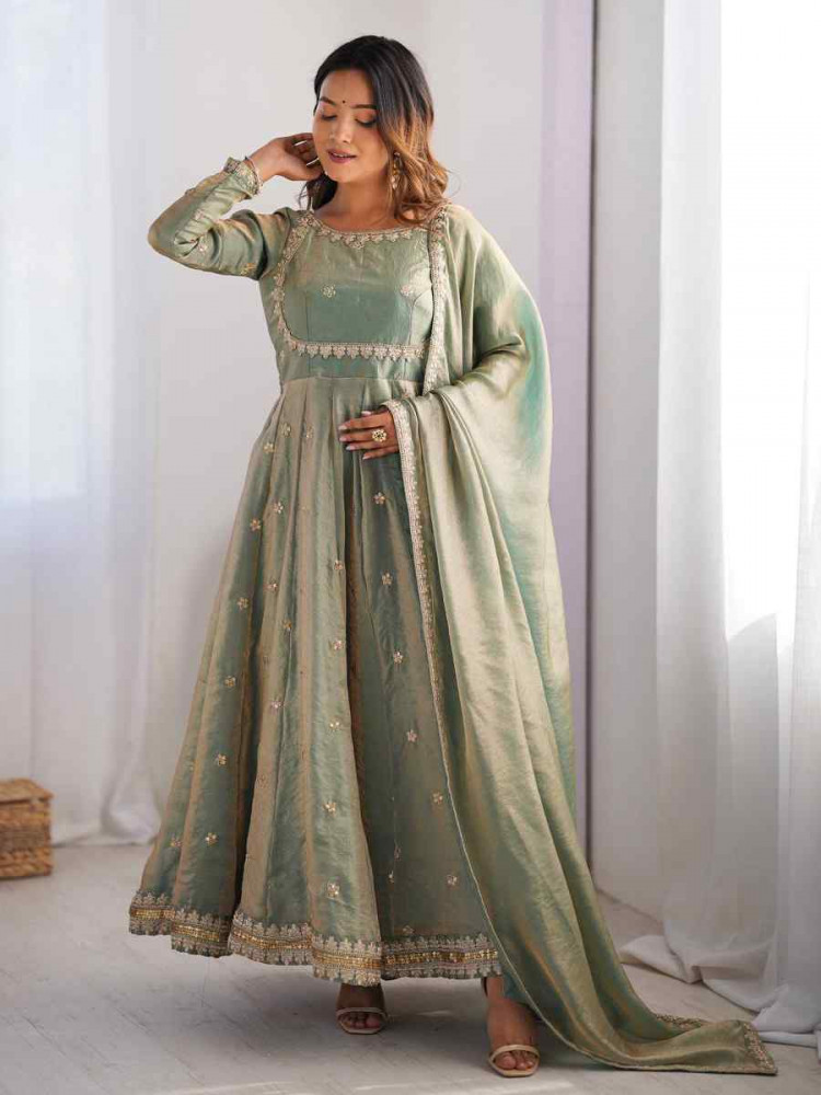 Image of Green Fandy Silk Embroidery Party Wedding Festival Casual Ready Anarkali Pant Salwar Kameez