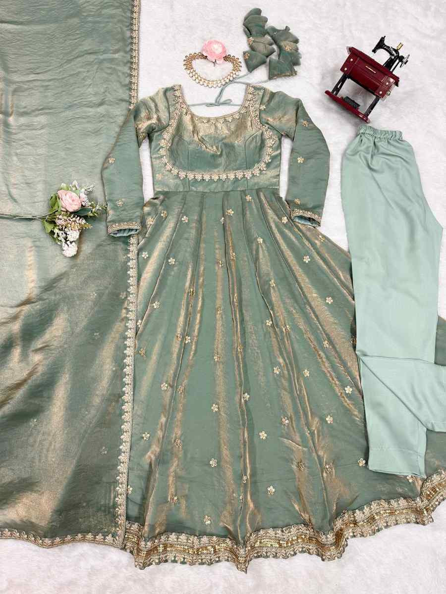 Green Fandy Silk Embroidery Party Wedding Festival Casual Ready Anarkali Pant Salwar Kameez