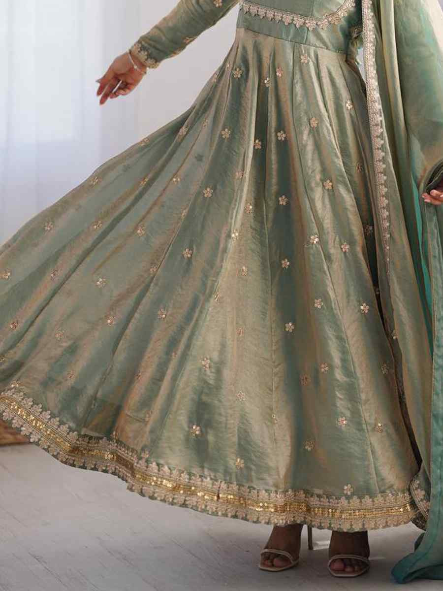 Green Fandy Silk Embroidery Party Wedding Festival Casual Ready Anarkali Pant Salwar Kameez