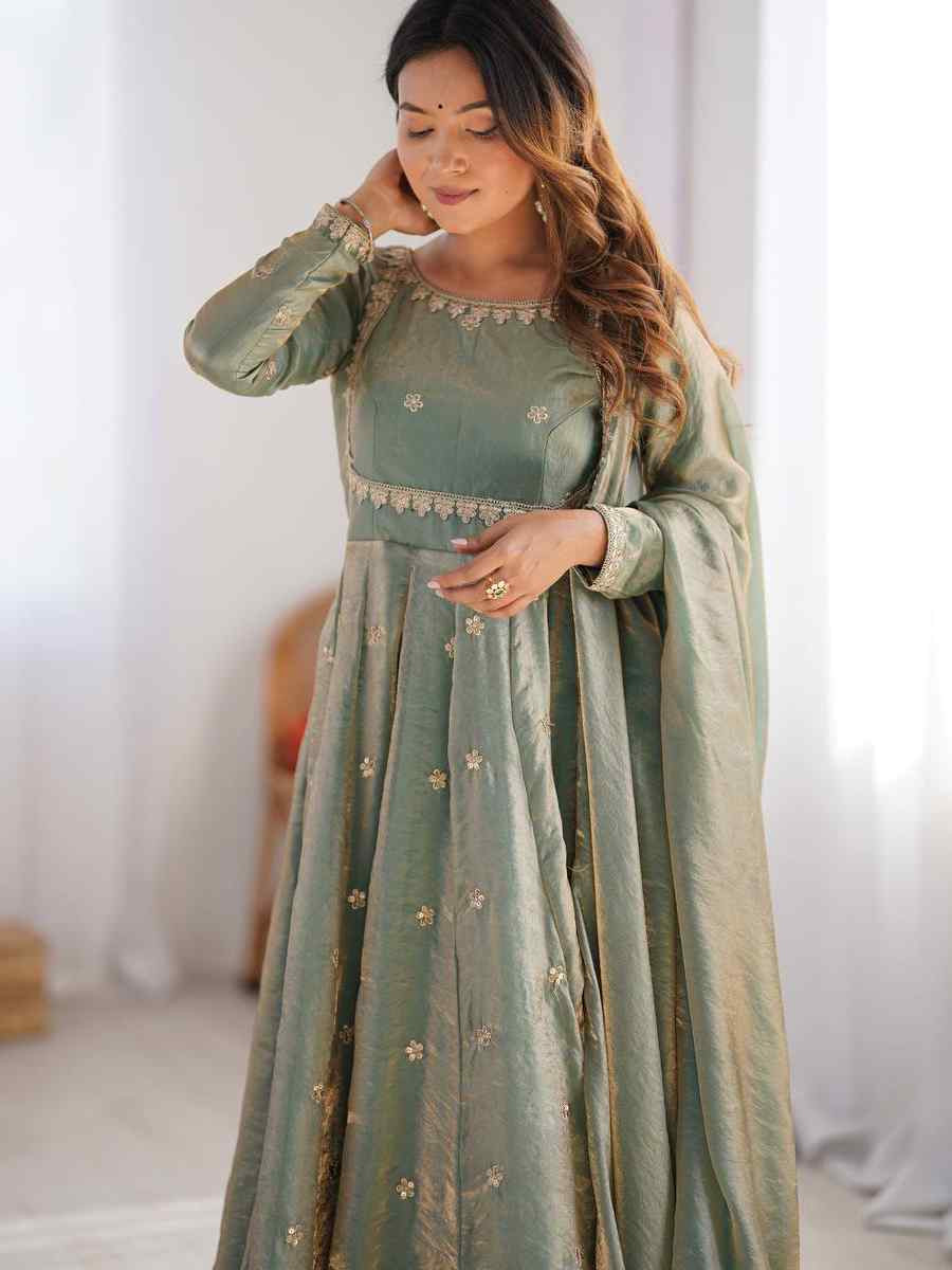 Green Fandy Silk Embroidery Party Wedding Festival Casual Ready Anarkali Pant Salwar Kameez
