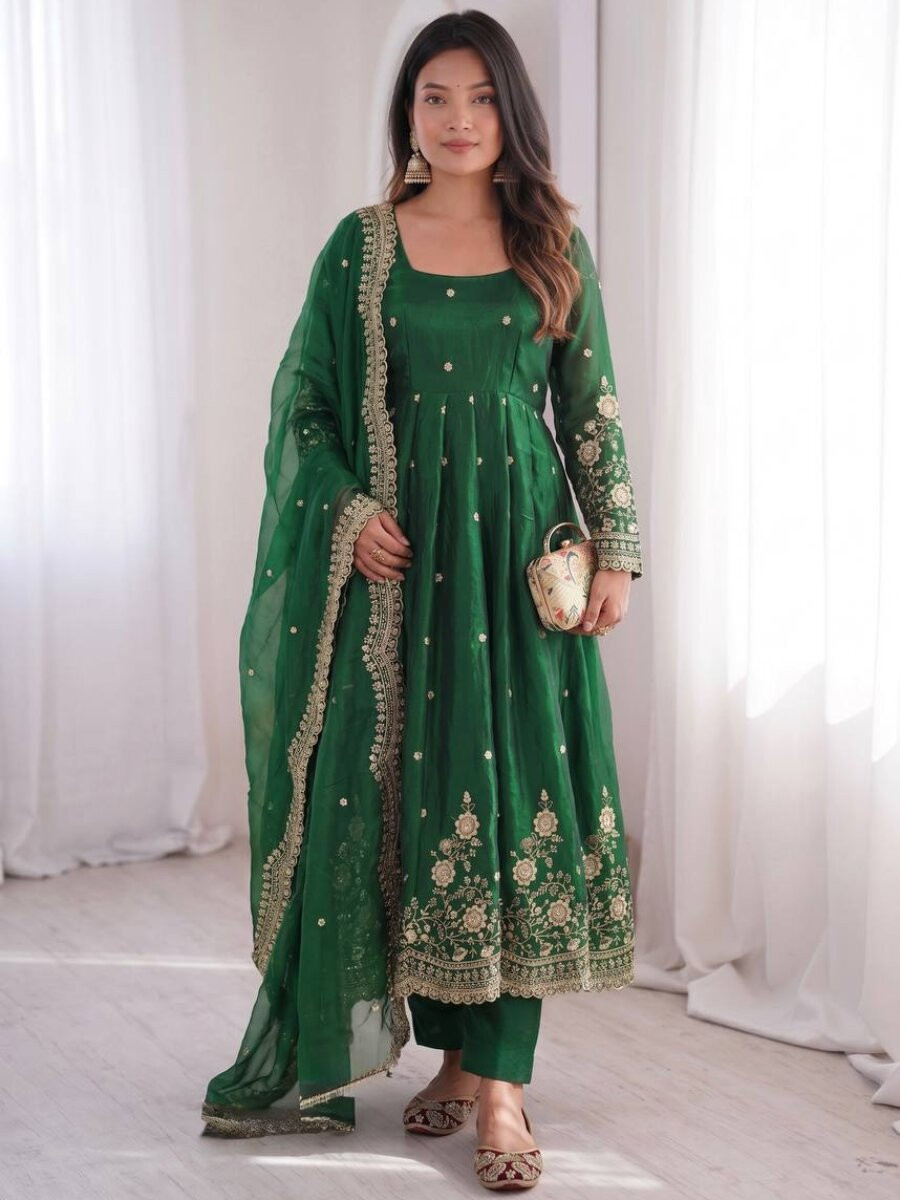Green Fandy Silk Embroidery Sequins Zari Wedding Party Festival Casual Ready Anarkali Pant Salwar Kameez