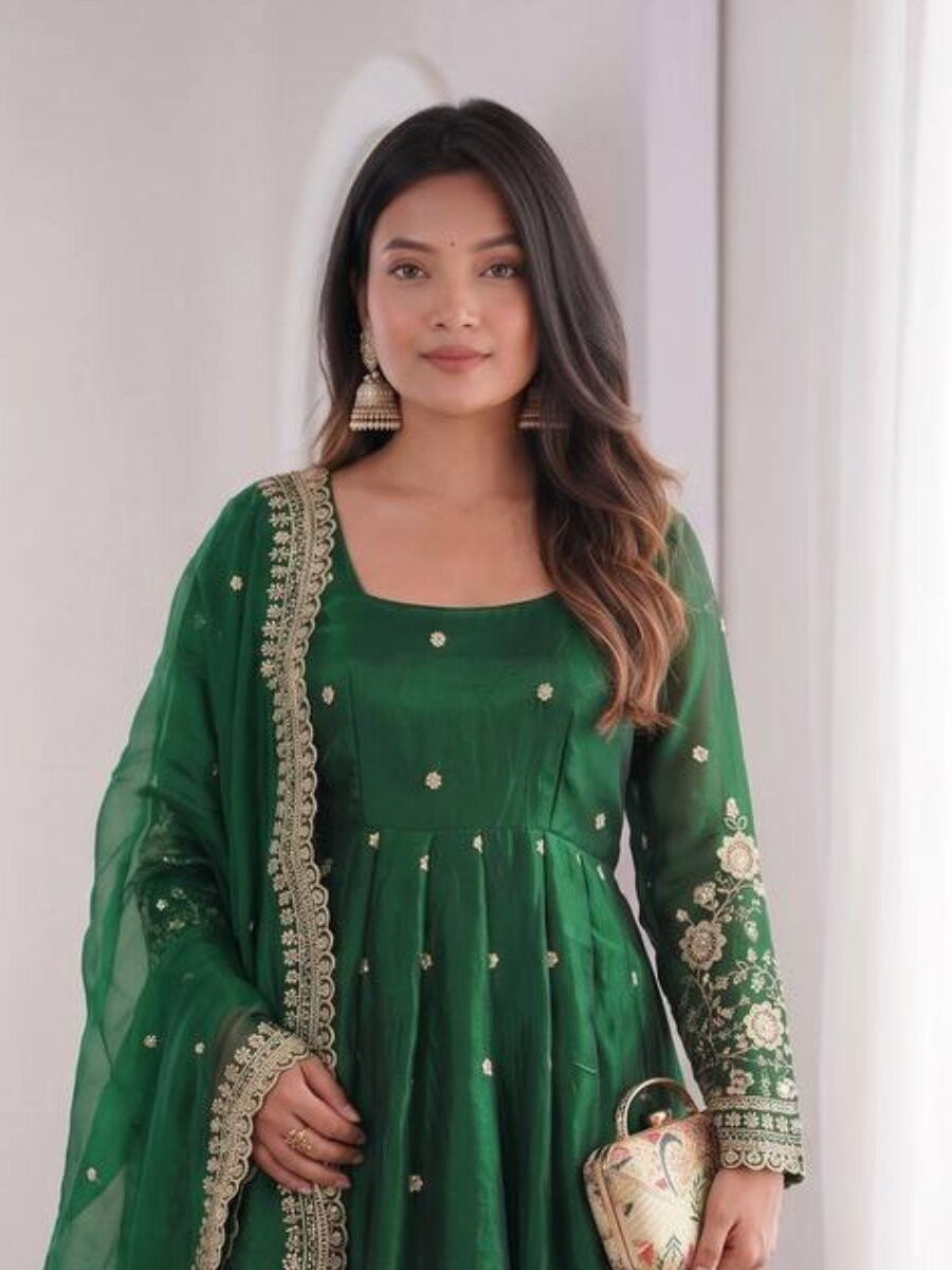 Green Fandy Silk Embroidery Sequins Zari Wedding Party Festival Casual Ready Anarkali Pant Salwar Kameez