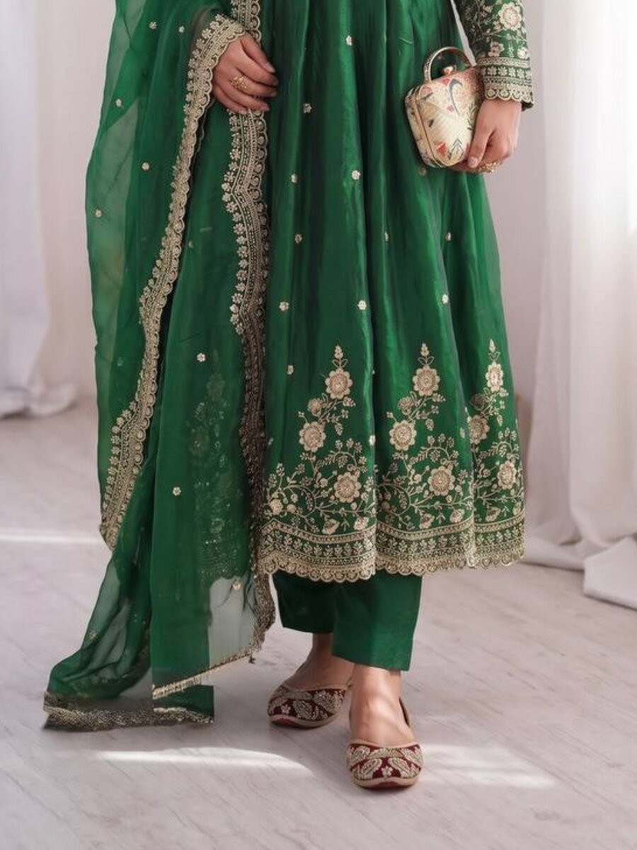 Green Fandy Silk Embroidery Sequins Zari Wedding Party Festival Casual Ready Anarkali Pant Salwar Kameez
