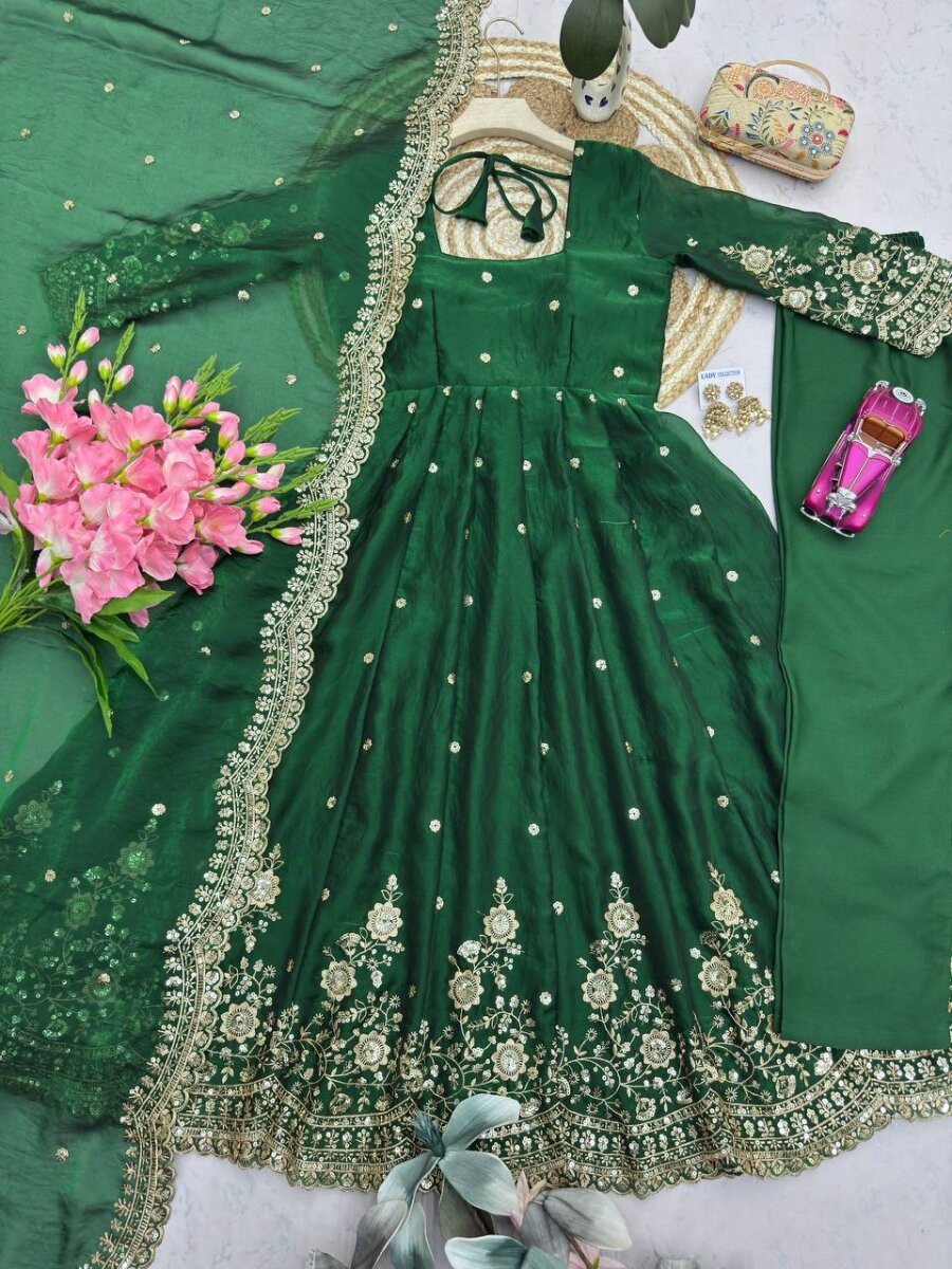Green Fandy Silk Embroidery Sequins Zari Wedding Party Festival Casual Ready Anarkali Pant Salwar Kameez