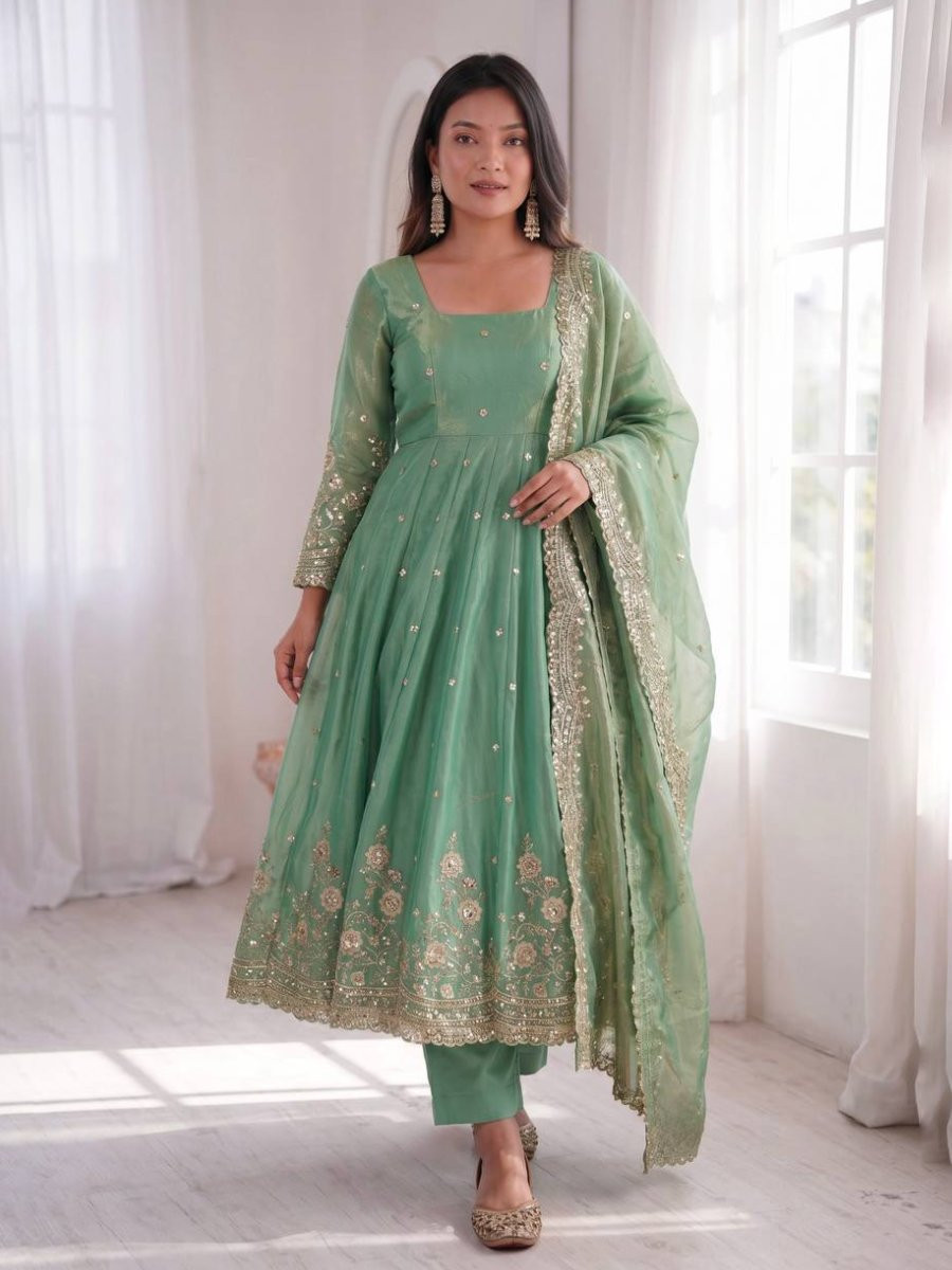 Green Fandy Silk Embroidery Sequins Zari Wedding Party Festival Casual Ready Anarkali Pant Salwar Kameez