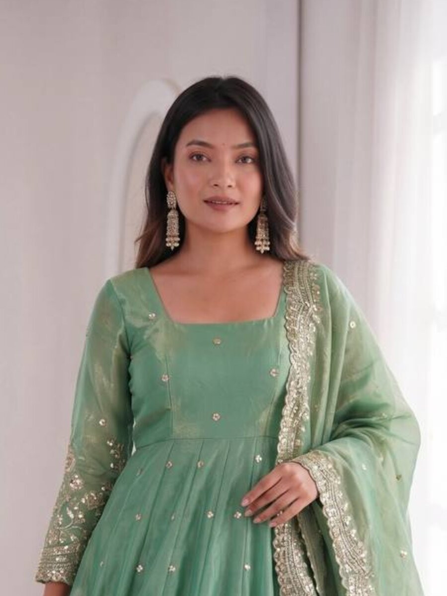 Green Fandy Silk Embroidery Sequins Zari Wedding Party Festival Casual Ready Anarkali Pant Salwar Kameez