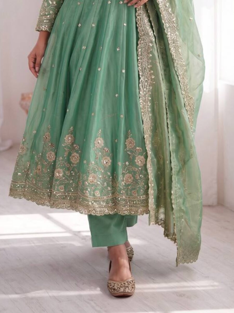 Green Fandy Silk Embroidery Sequins Zari Wedding Party Festival Casual Ready Anarkali Pant Salwar Kameez