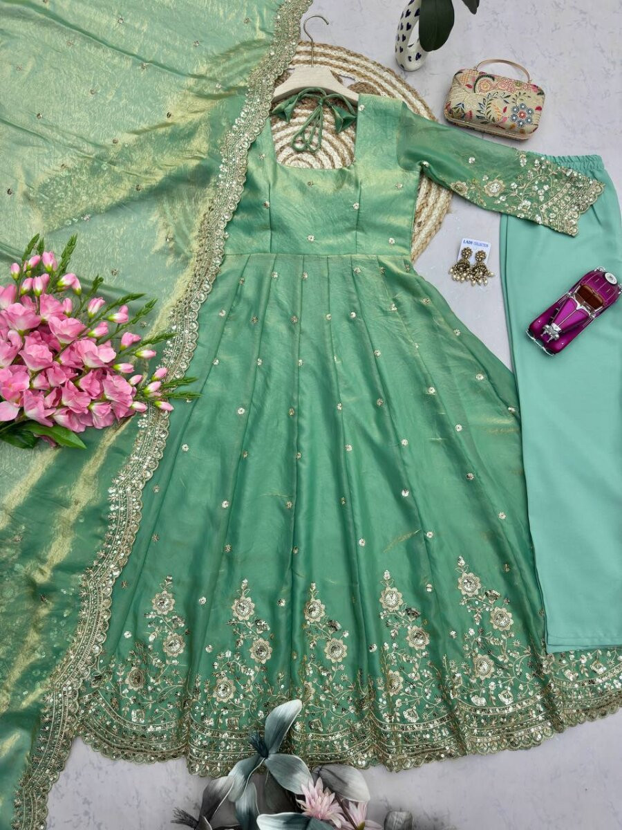 Green Fandy Silk Embroidery Sequins Zari Wedding Party Festival Casual Ready Anarkali Pant Salwar Kameez