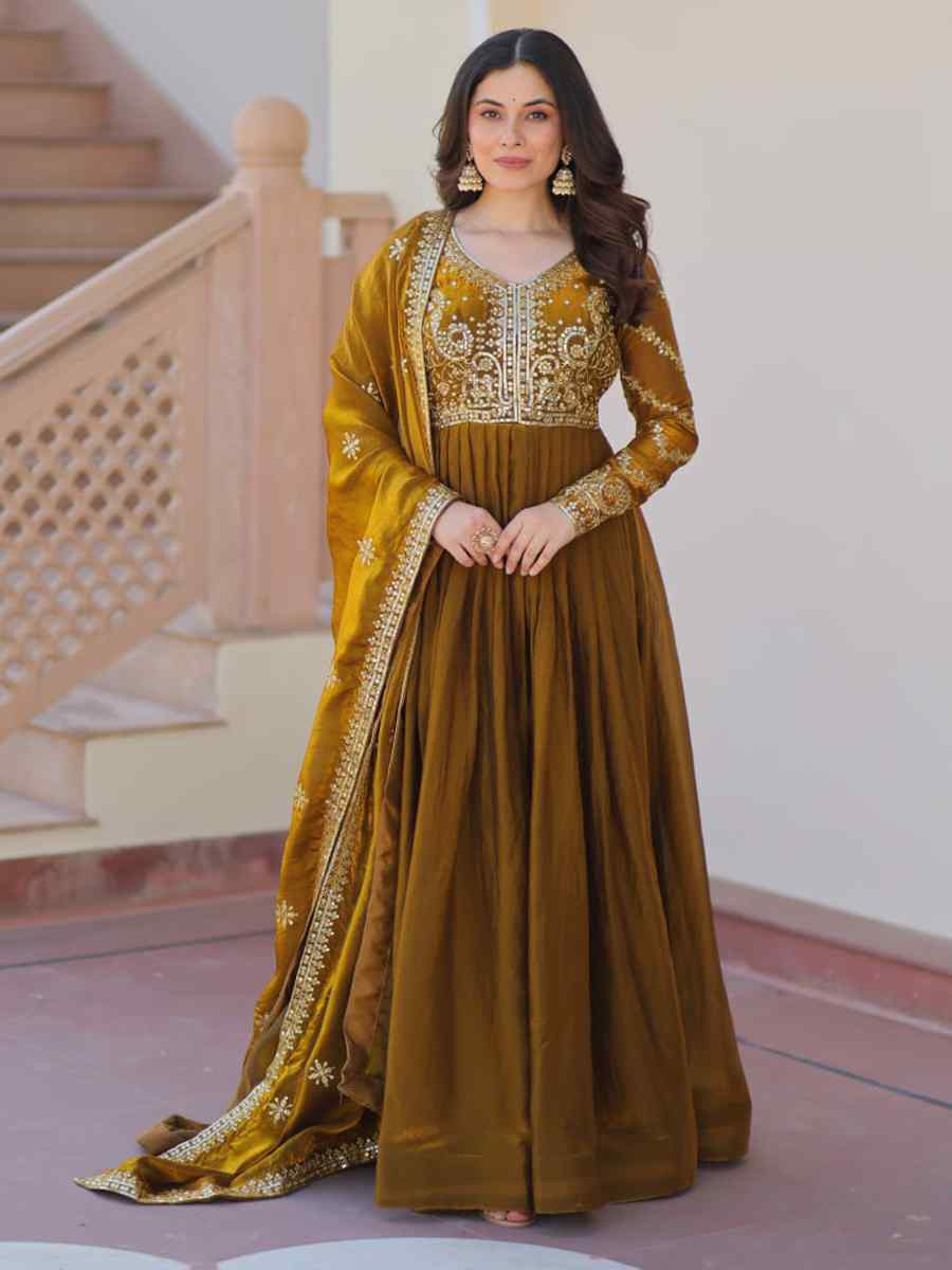 Green Faux Blooming Georgette Embroidered Festival Casual Gown