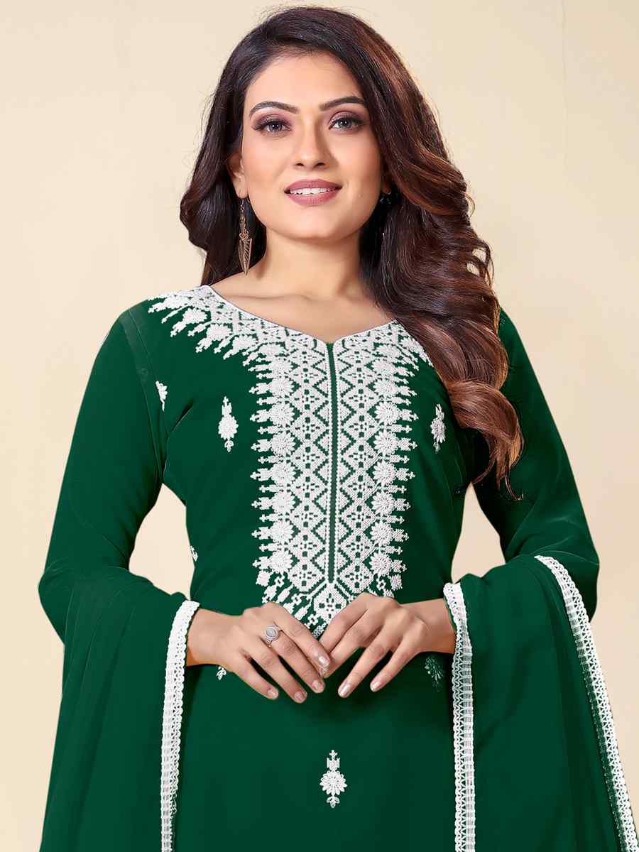Green Faux Georgette Embroidered Casual Festival Pant Salwar Kameez
