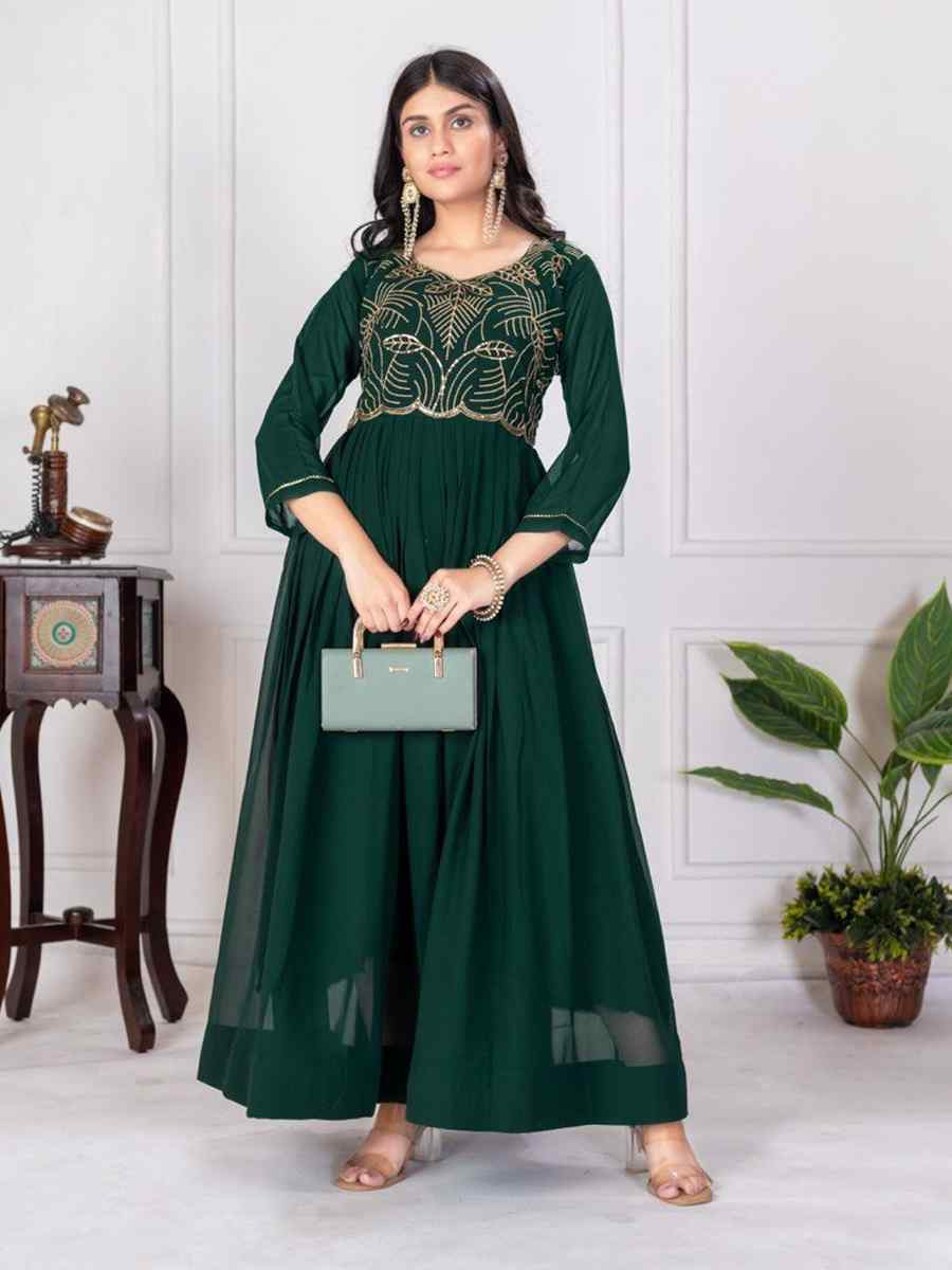 Green Faux Georgette Embroidered Festival Casual Gown