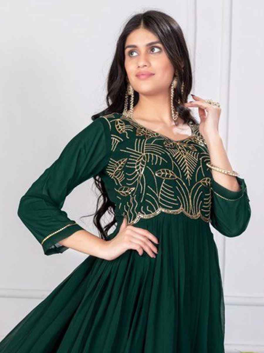 Green Faux Georgette Embroidered Festival Casual Gown