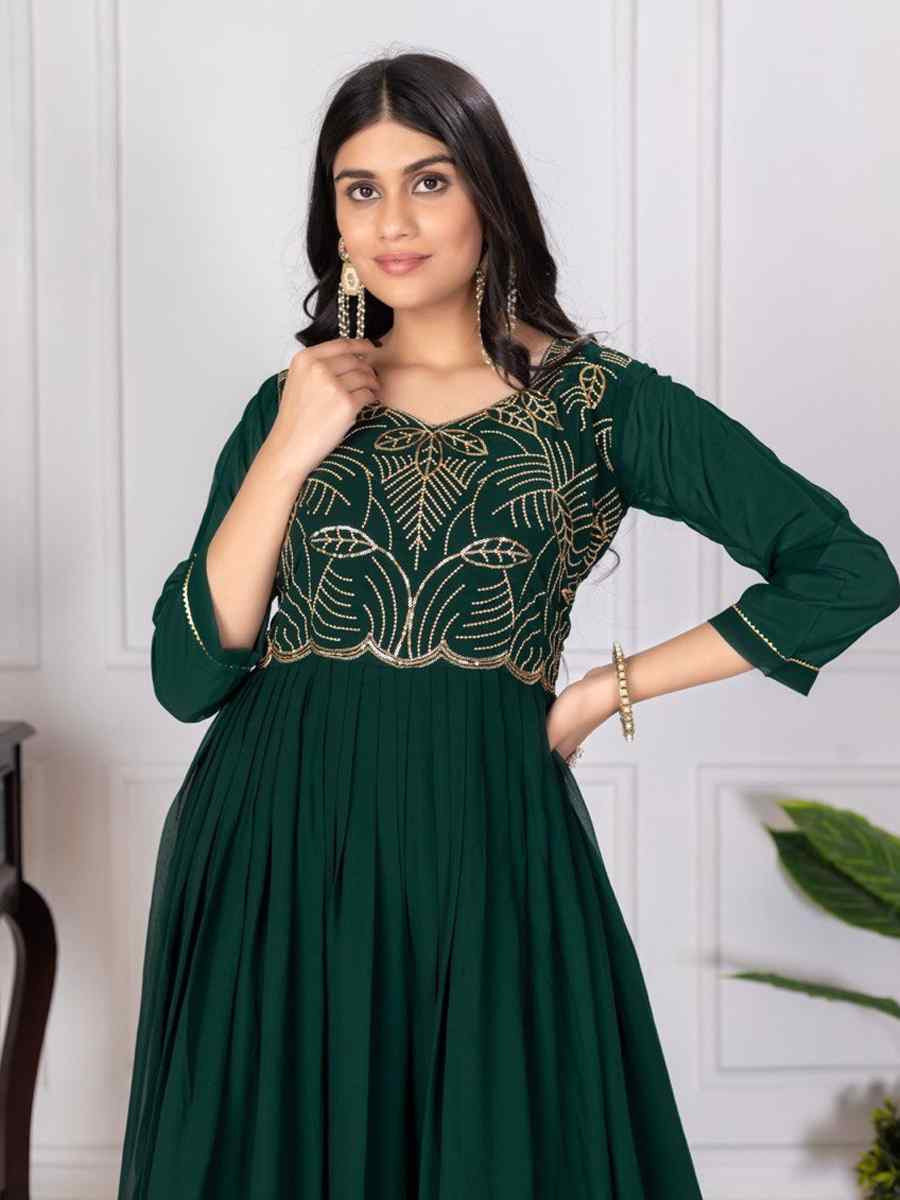 Green Faux Georgette Embroidered Festival Casual Gown