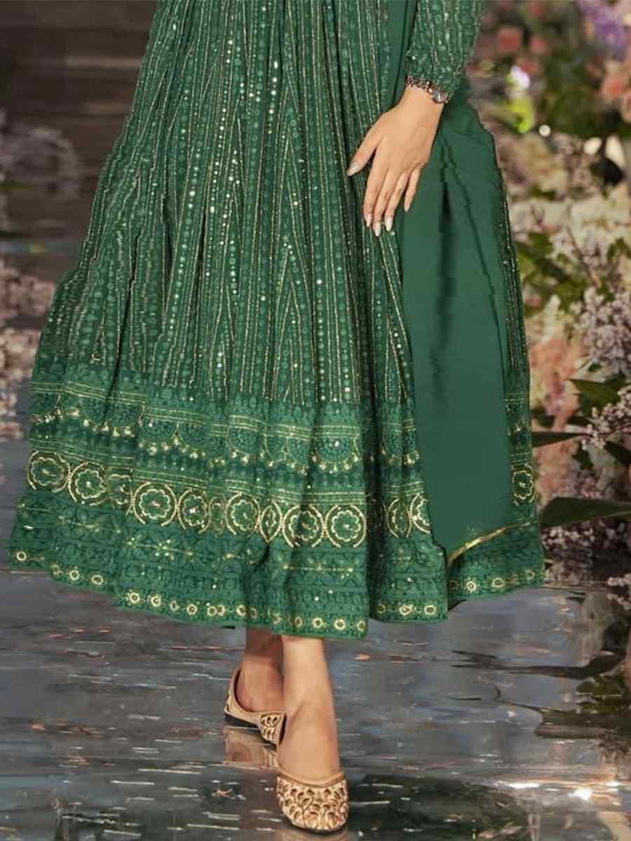 Green Faux Georgette Embroidered Festival Casual Gown