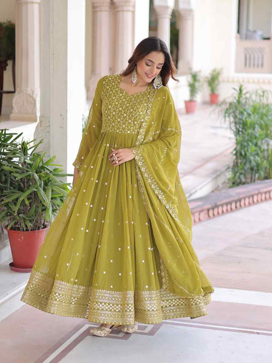 Green Faux Georgette Embroidered Festival Casual Gown Women Wear