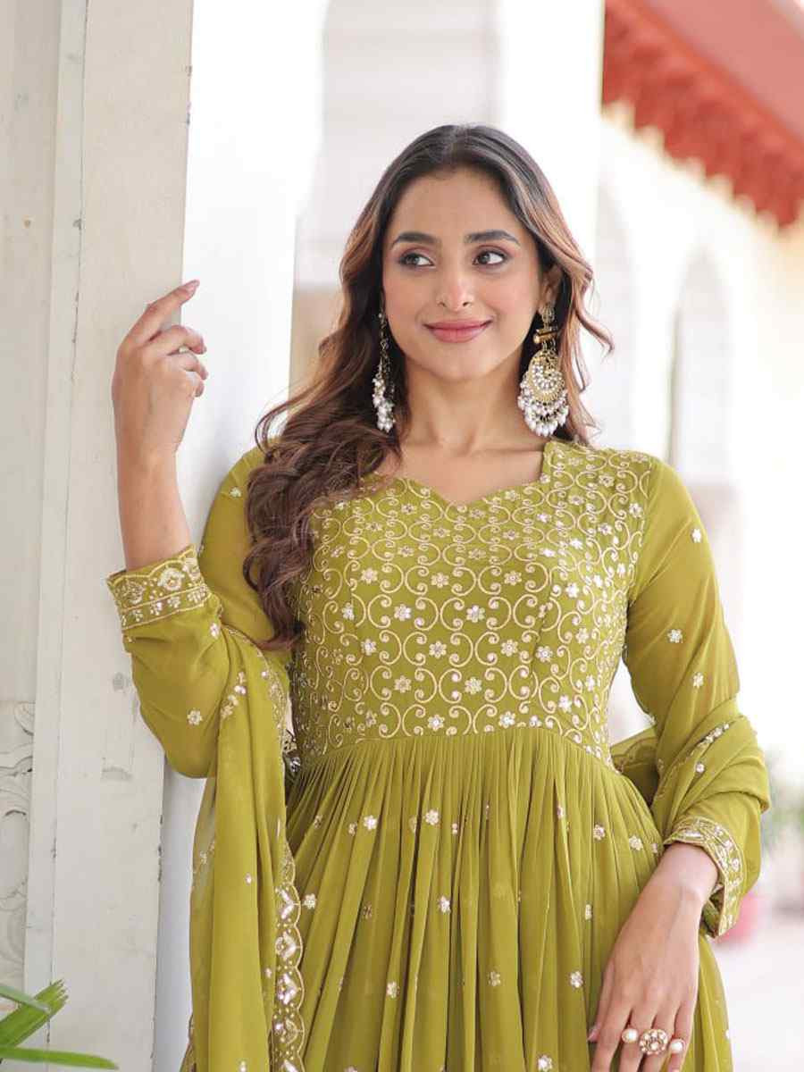 Green Faux Georgette Embroidered Festival Casual Gown Women Wear
