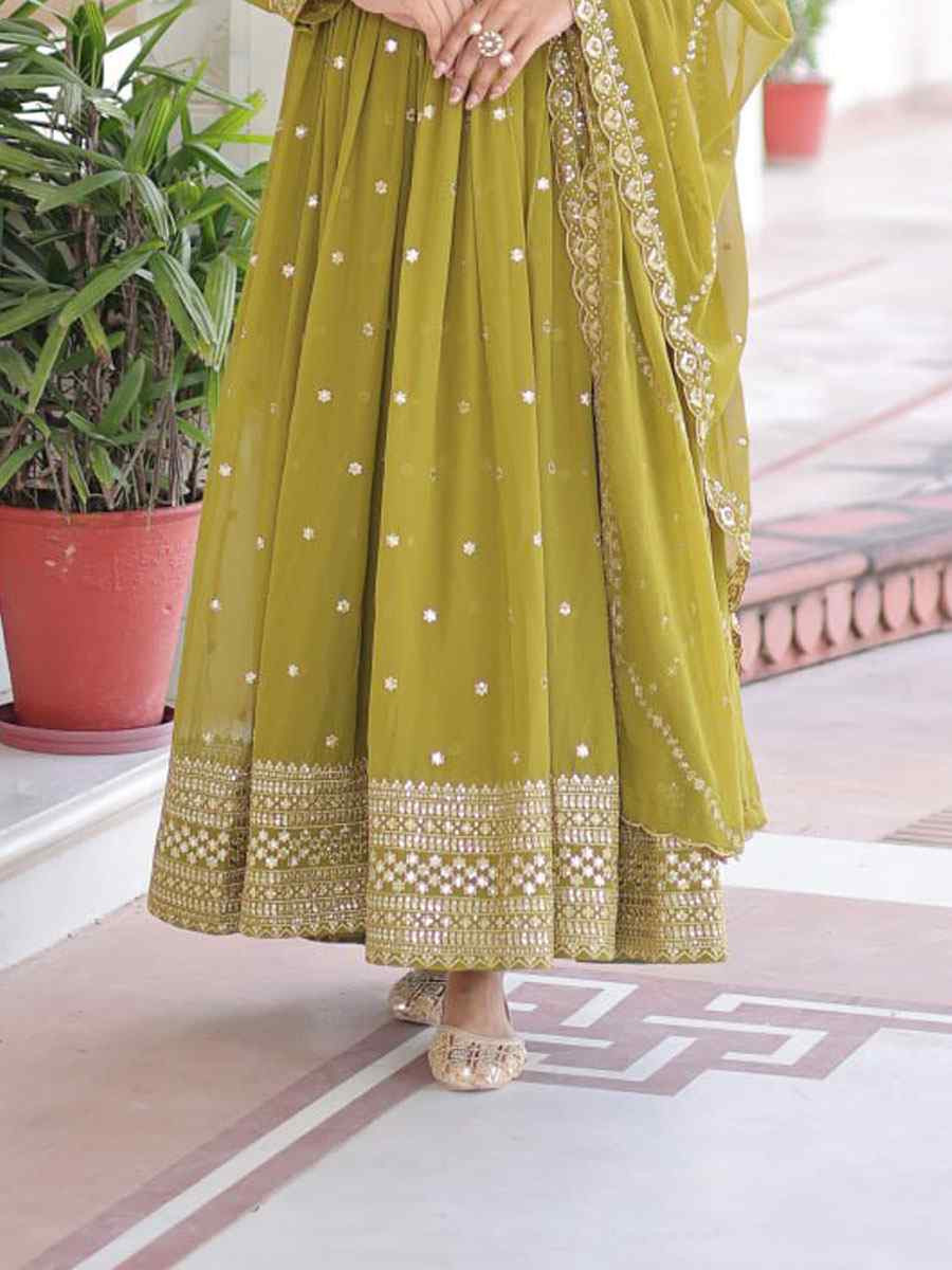 Green Faux Georgette Embroidered Festival Casual Gown Women Wear
