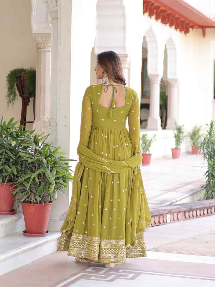 Green Faux Georgette Embroidered Festival Casual Gown Women Wear