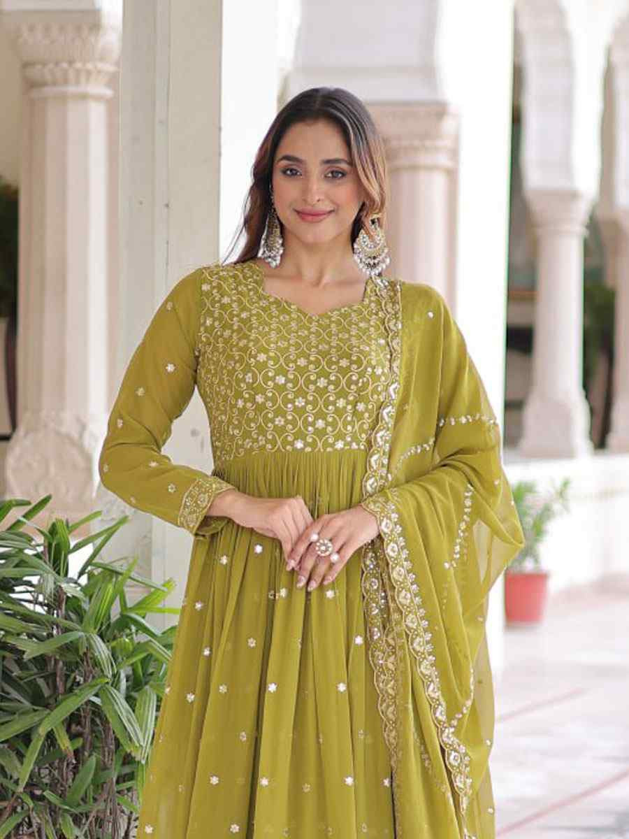 Green Faux Georgette Embroidered Festival Casual Gown Women Wear