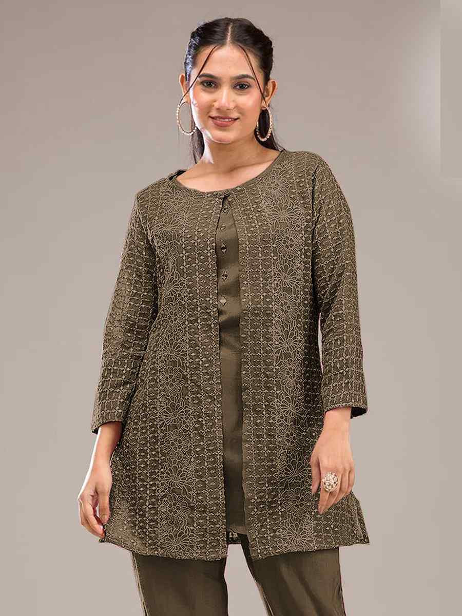 Green Faux Georgette Embroidered Festival Casual Kurti Bottom Women Wear