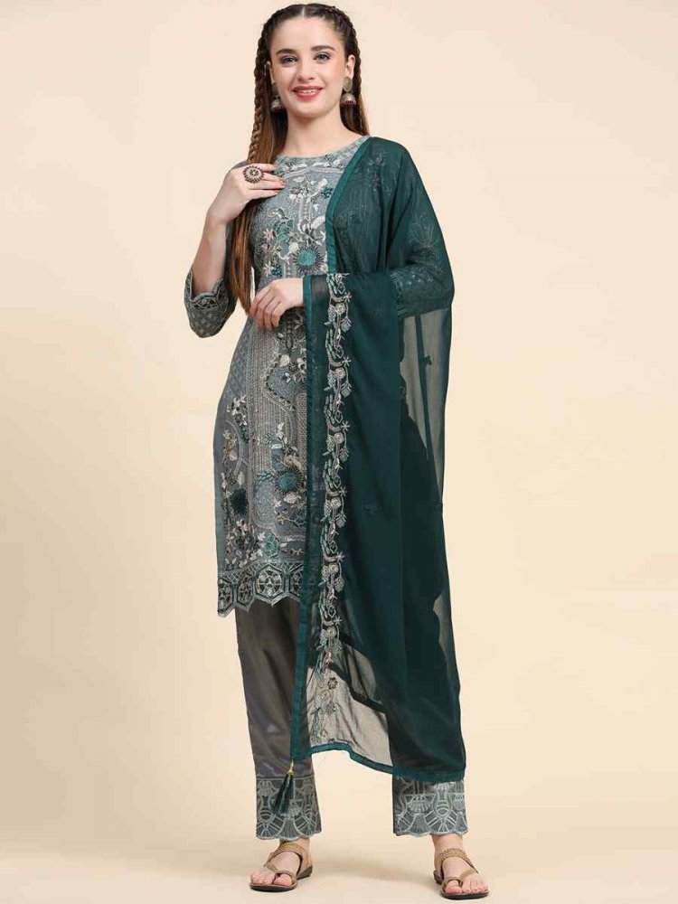 Green Faux Georgette Embroidered Festival Casual Pant Salwar Kameez