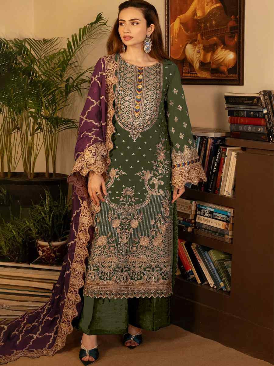 Green Faux Georgette Embroidered Festival Casual Pant Salwar Kameez