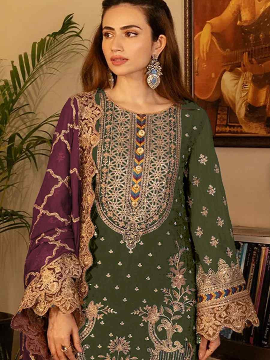 Green Faux Georgette Embroidered Festival Casual Pant Salwar Kameez