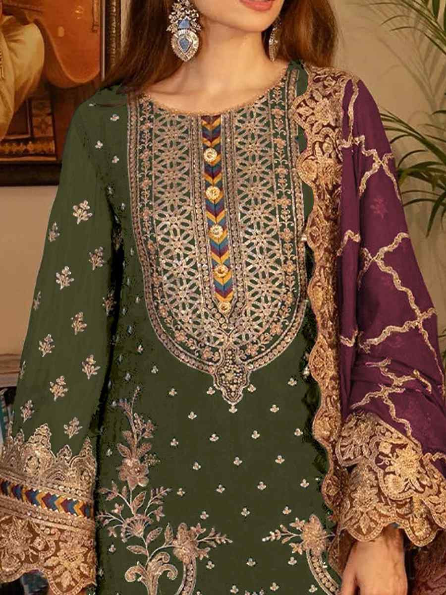 Green Faux Georgette Embroidered Festival Casual Pant Salwar Kameez