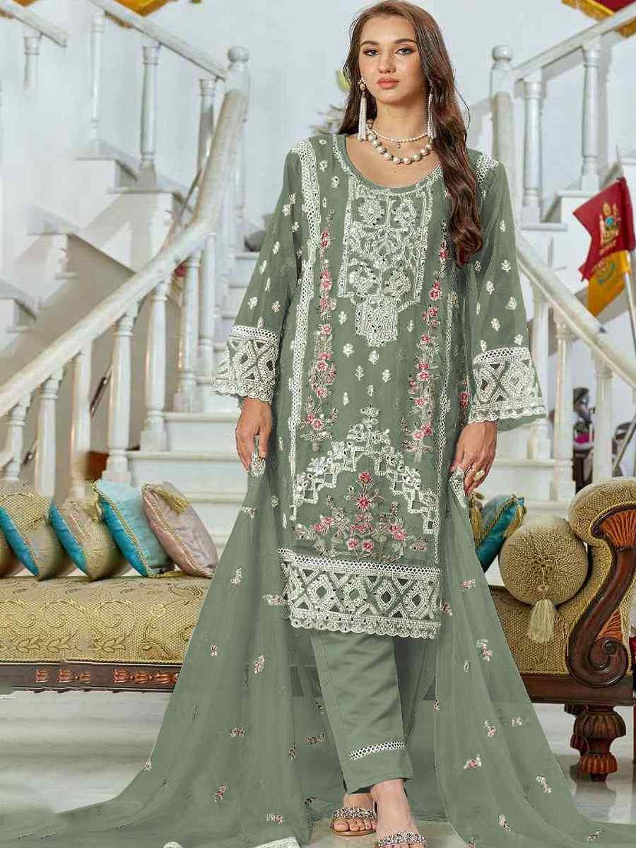 Green Faux Georgette Embroidered Festival Casual Pant Salwar Kameez