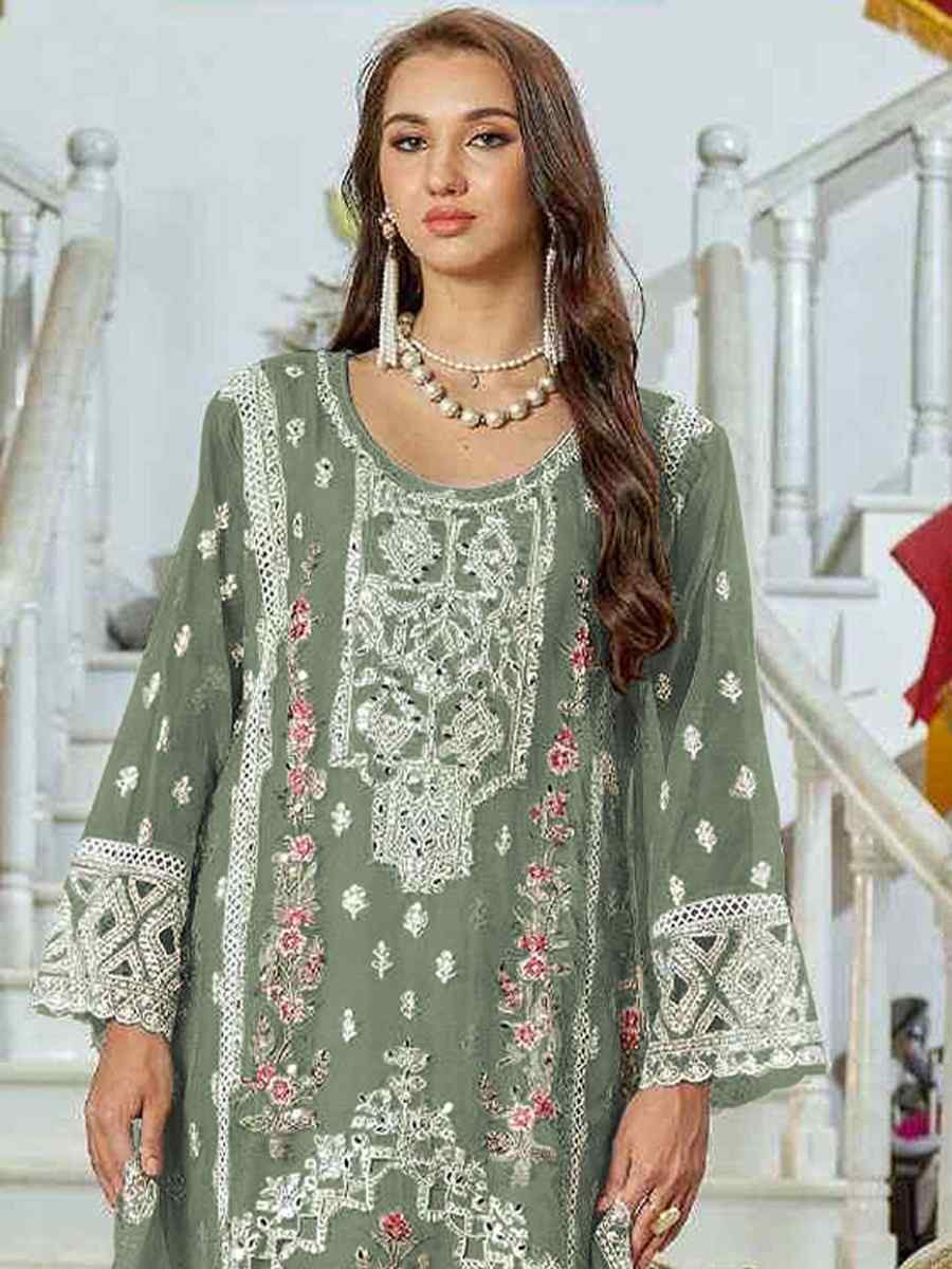 Green Faux Georgette Embroidered Festival Casual Pant Salwar Kameez
