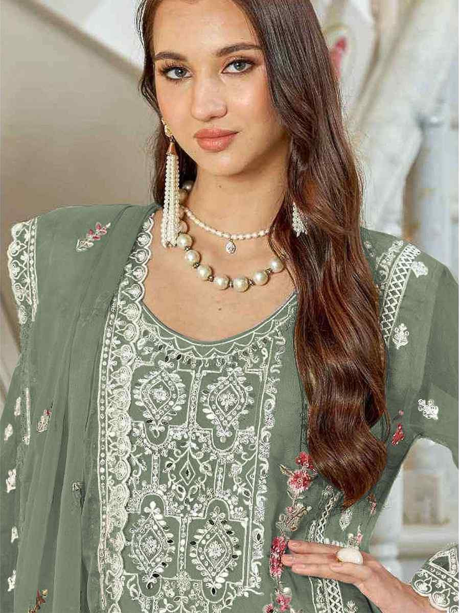 Green Faux Georgette Embroidered Festival Casual Pant Salwar Kameez