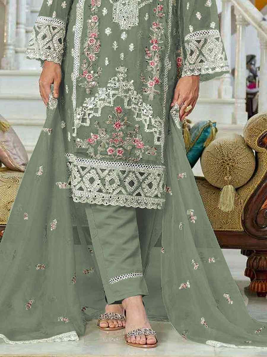 Green Faux Georgette Embroidered Festival Casual Pant Salwar Kameez