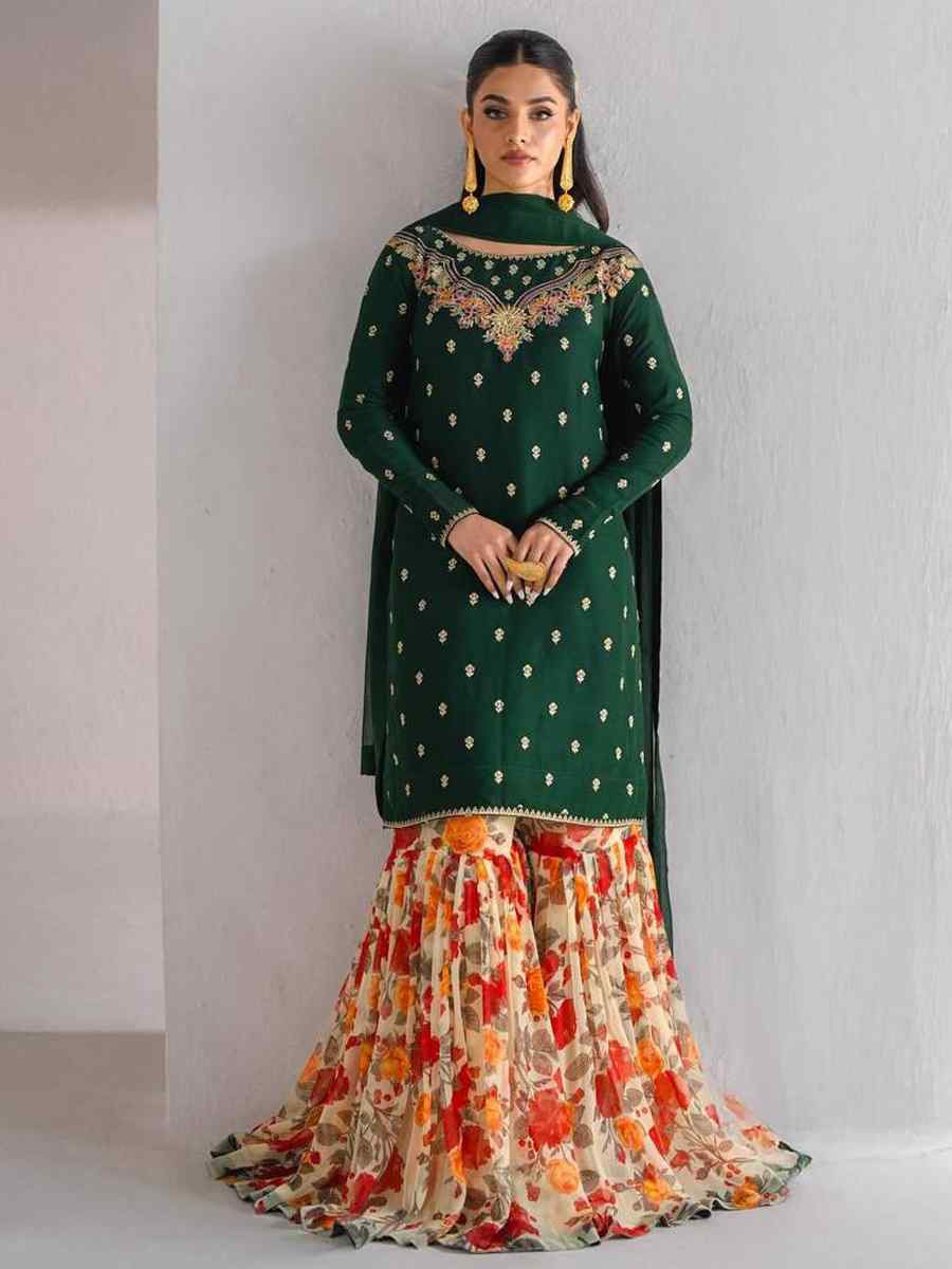 Green Faux Georgette Embroidered Festival Casual Ready Pakistani Salwar Kameez