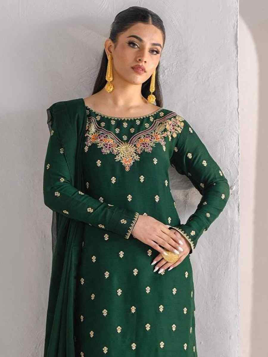 Green Faux Georgette Embroidered Festival Casual Ready Pakistani Salwar Kameez