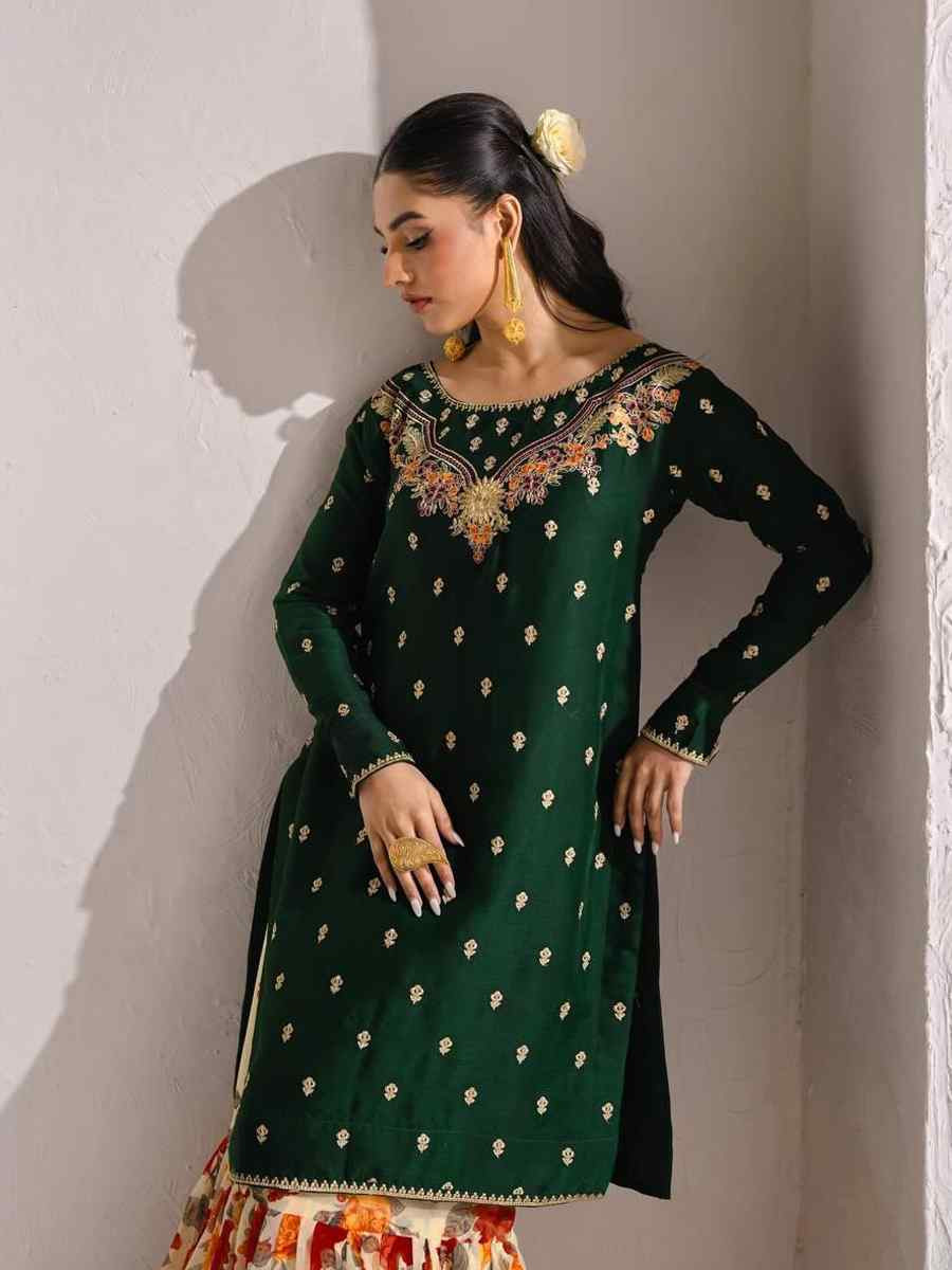 Green Faux Georgette Embroidered Festival Casual Ready Pakistani Salwar Kameez